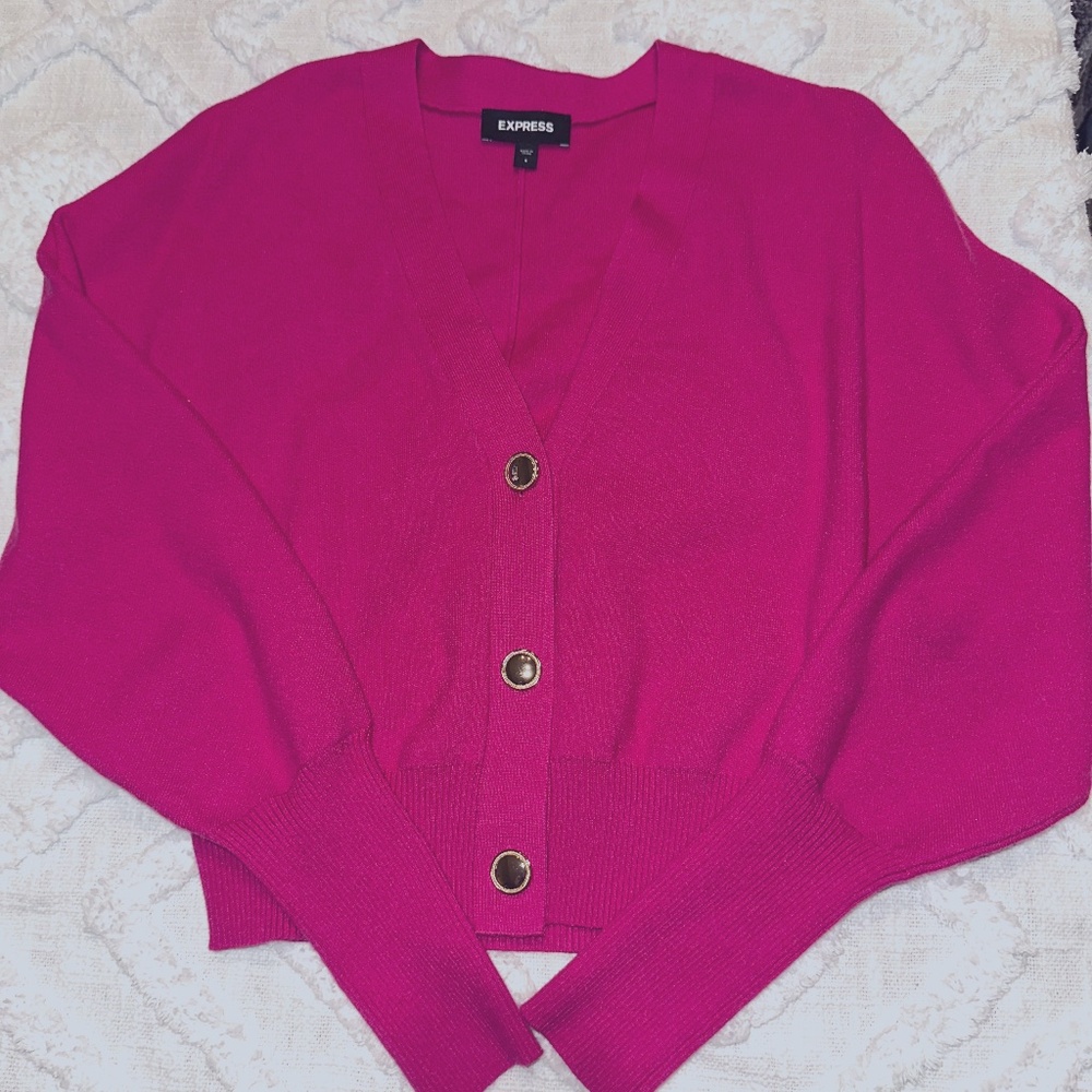 Express Fuchsia Pink Button-Front V-Neck Cardigan